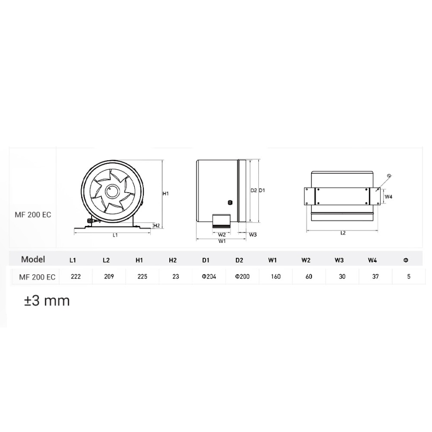 Dalap 24MF200 - Potrubní ventilátor s úsporným motorem a regulátorem otáček MF 200 EC 75W/230V