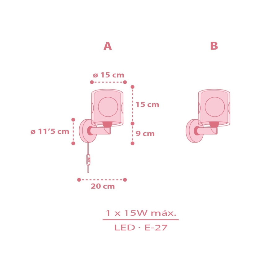 Dalber 60919 - Dětská nástěnná lampa PRINCESS DANCE 1xE27/15W/230V růžová