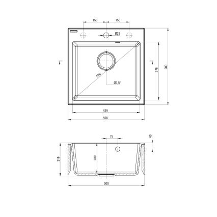 Deante ZQJNN103 - Kuchyňský dřez EVORA 50x50 cm + dřezová baterie s flexibilním ramínkem granit/černá
