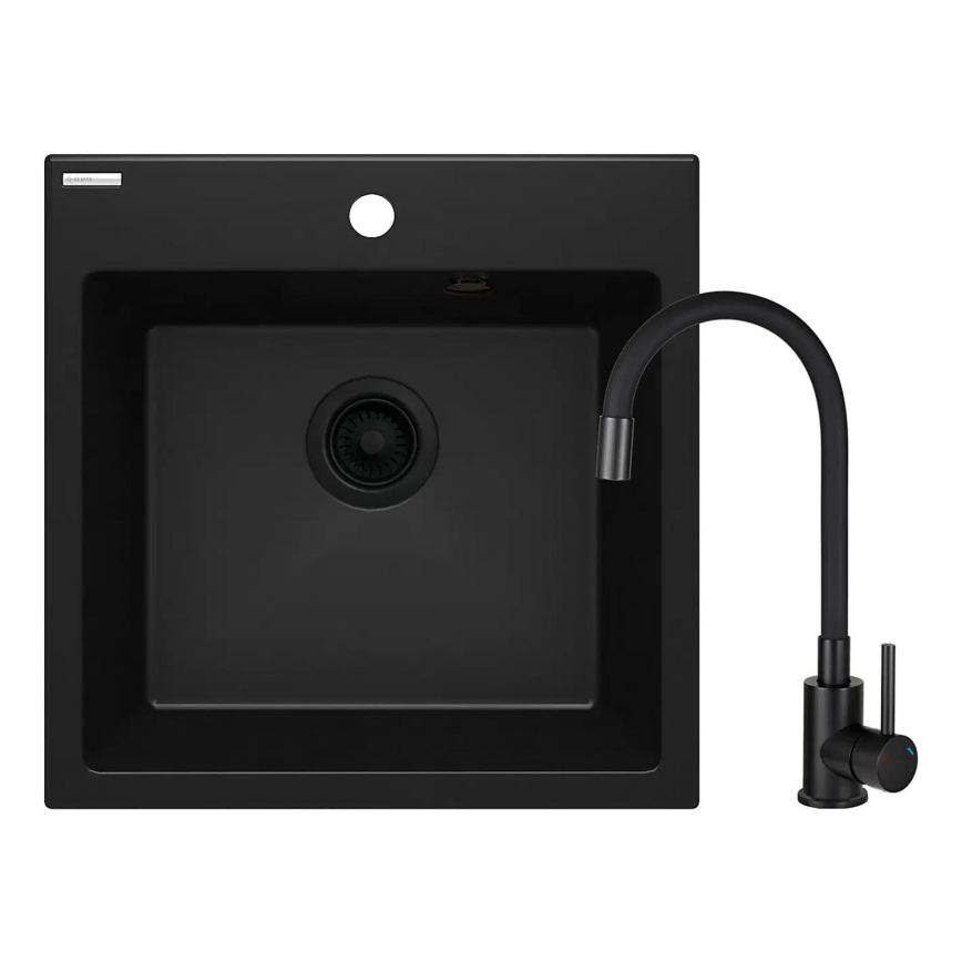 Deante ZQJNN103 - Kuchyňský dřez EVORA 50x50 cm + dřezová baterie s flexibilním ramínkem granit/černá