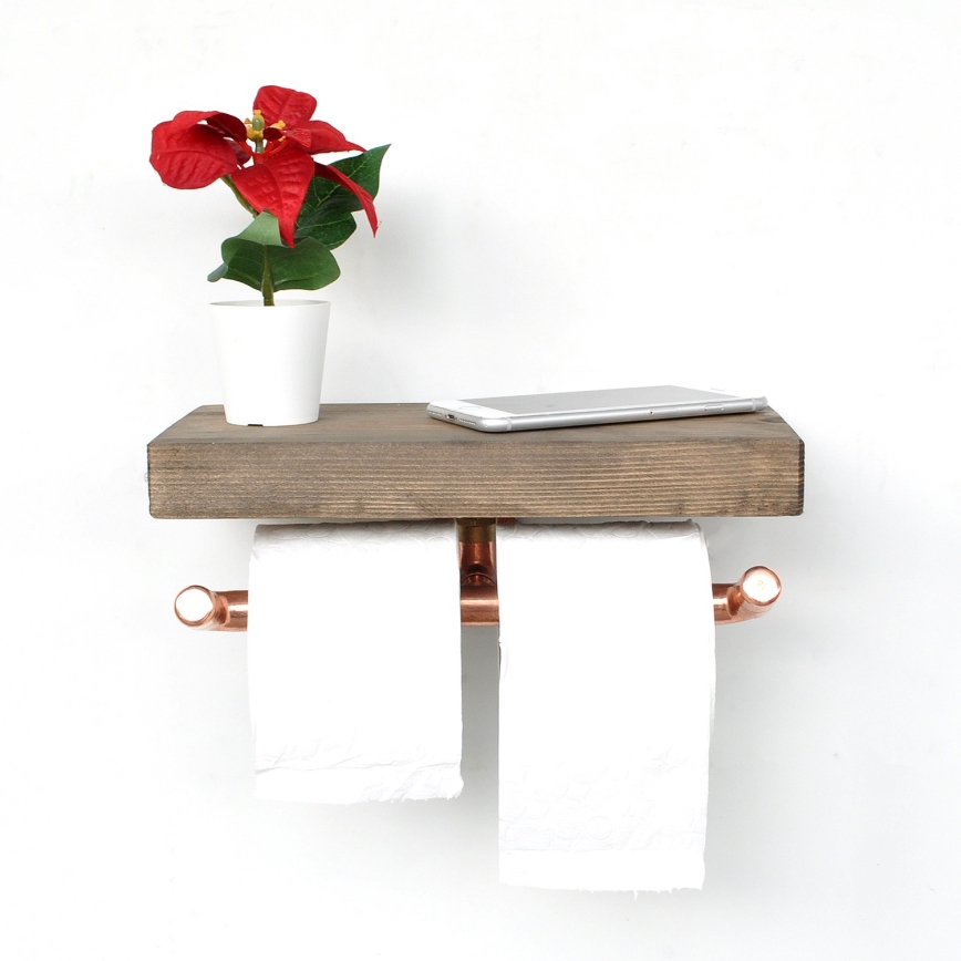 Držák toaletního papíru s policí BORU 12x30 cm smrk/měděná