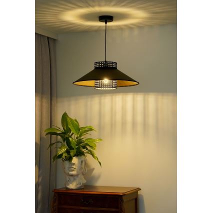Duolla - Lustr na lanku RIO RATTAN 1xE27/15W/230V pr. 45 cm černá/zlatá
