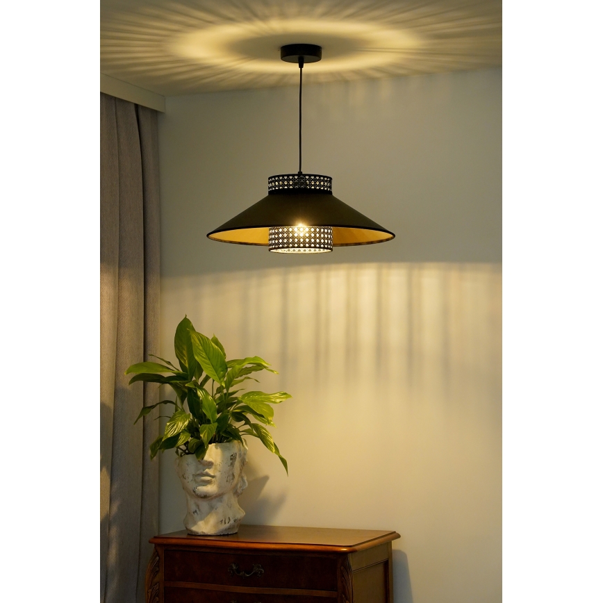 Duolla - Lustr na lanku RIO RATTAN 1xE27/15W/230V pr. 45 cm černá/zlatá