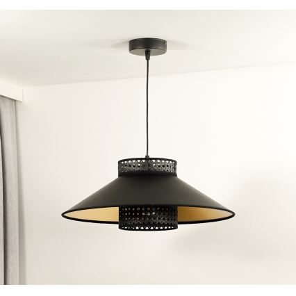 Duolla - Lustr na lanku RIO RATTAN 1xE27/15W/230V pr. 45 cm černá/zlatá