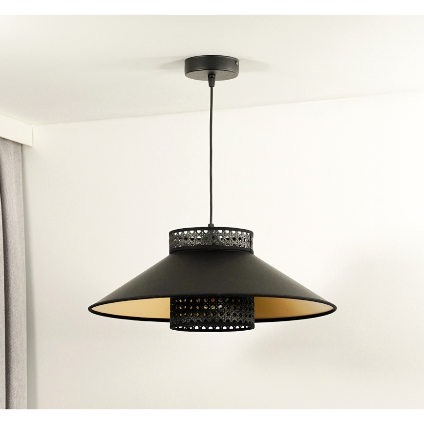 Duolla - Lustr na lanku RIO RATTAN 1xE27/15W/230V pr. 45 cm černá/zlatá