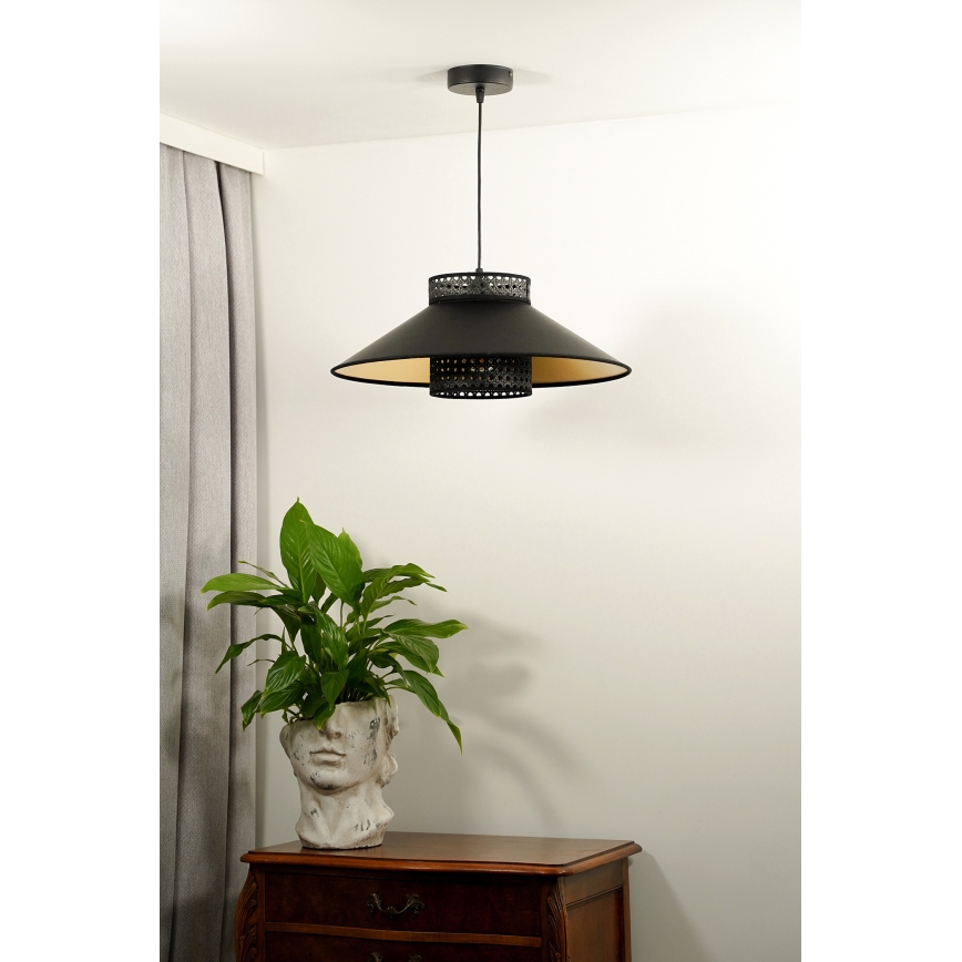 Duolla - Lustr na lanku RIO RATTAN 1xE27/15W/230V pr. 45 cm černá/zlatá