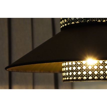 Duolla - Lustr na lanku RIO RATTAN 1xE27/15W/230V pr. 45 cm černá/zlatá