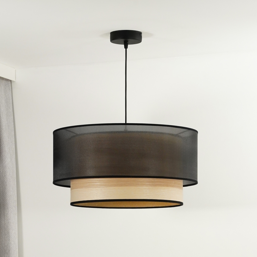 Duolla - Lustr na lanku WOOD BOHO 1xE27/15W/230V pr. 45 cm černá/béžová