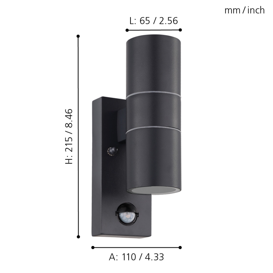 Eglo 79545- LED Venkovní nástěnné svítidlo se senzorem ARAPONGAS 2xGU10/2,8W/230V IP44 černá