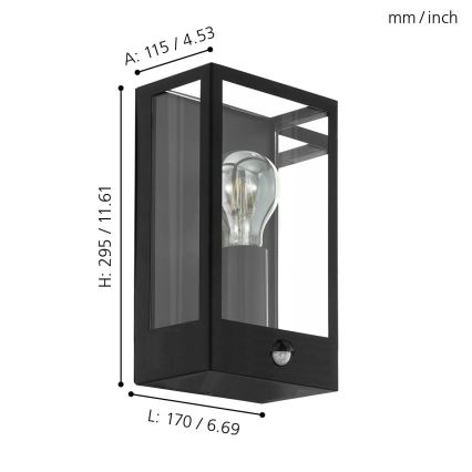 Eglo - Venkovní nástěnné svítidlo se senzorem 1xE27/60W/230V IP44