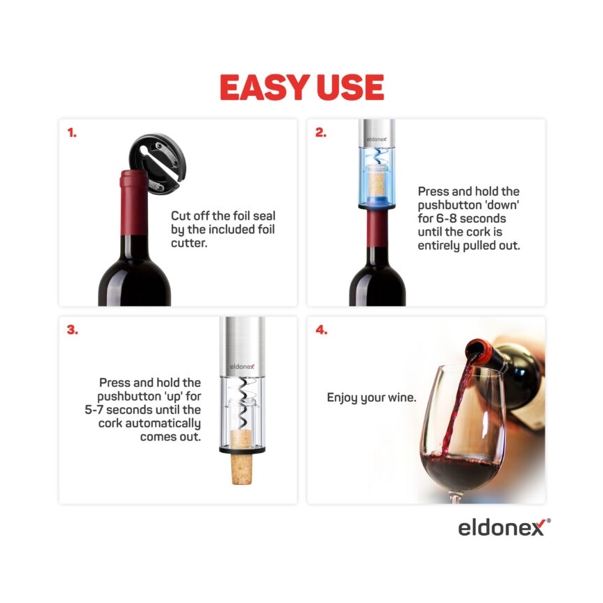 ELDONEX EWO-2200-SL - Elektrický otvírák na víno 4xAA matný chrom
