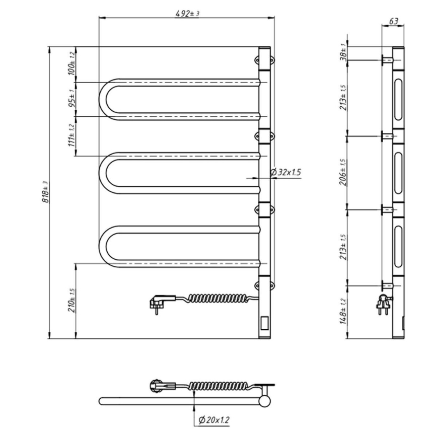 Elektrický otočný sušák na ručníky s termostatem FOUETTE 185W/230V 81,8 cm IP44 černá