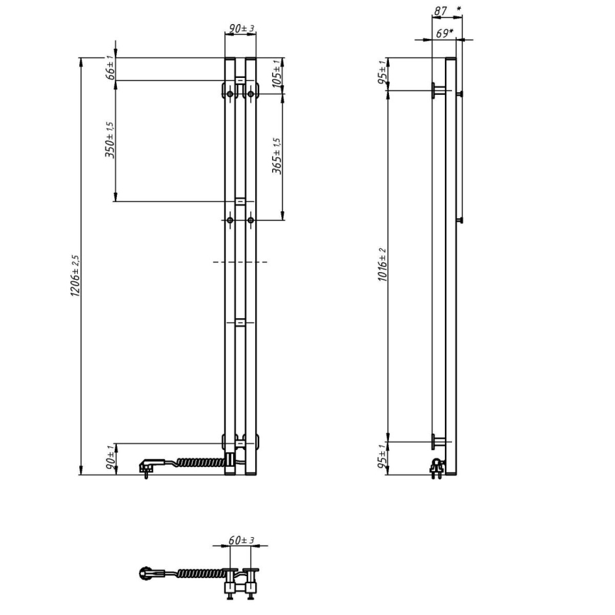 Elektrický sušák na ručníky s termostatem SILOUETTE 187W/230V 120,6 cm IP44 bílá pravá hranatý