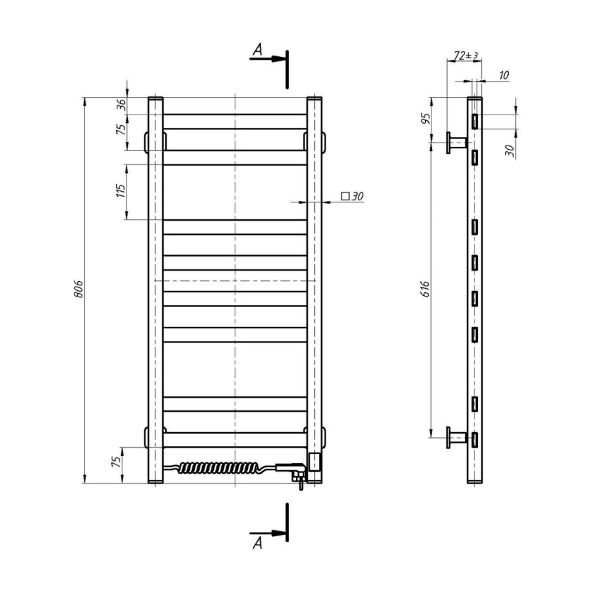 Elektrický sušák na ručníky s termostatem AVANGARD 105W 80x36 cm  bílá levá