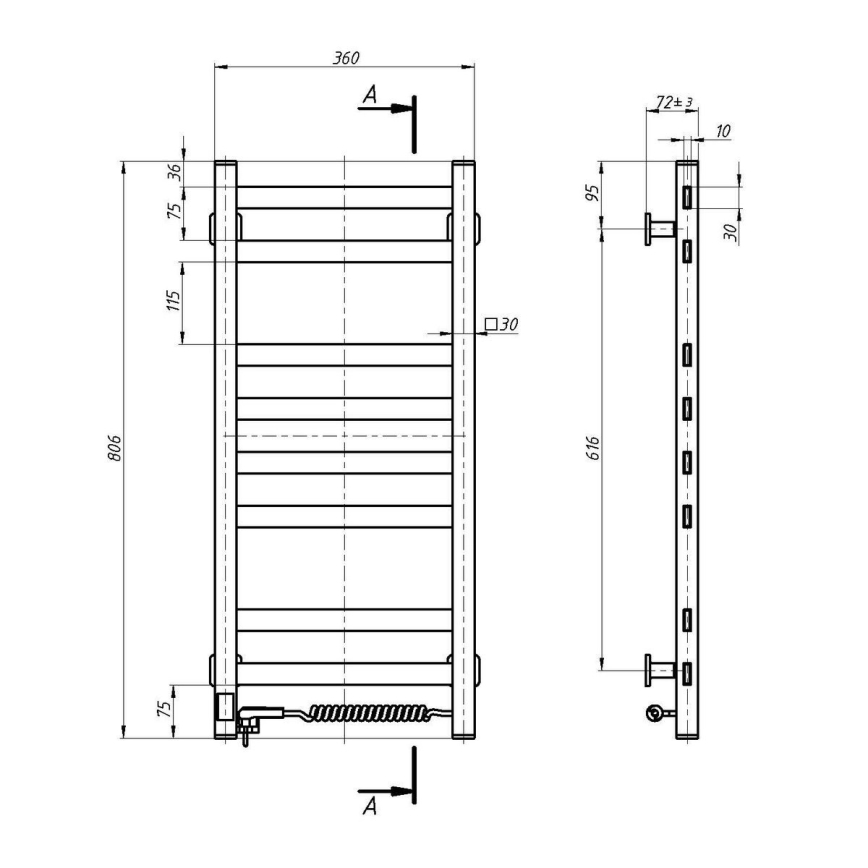 Elektrický sušák na ručníky s termostatem AVANGARD 105W 80x36 cm  bílá pravá