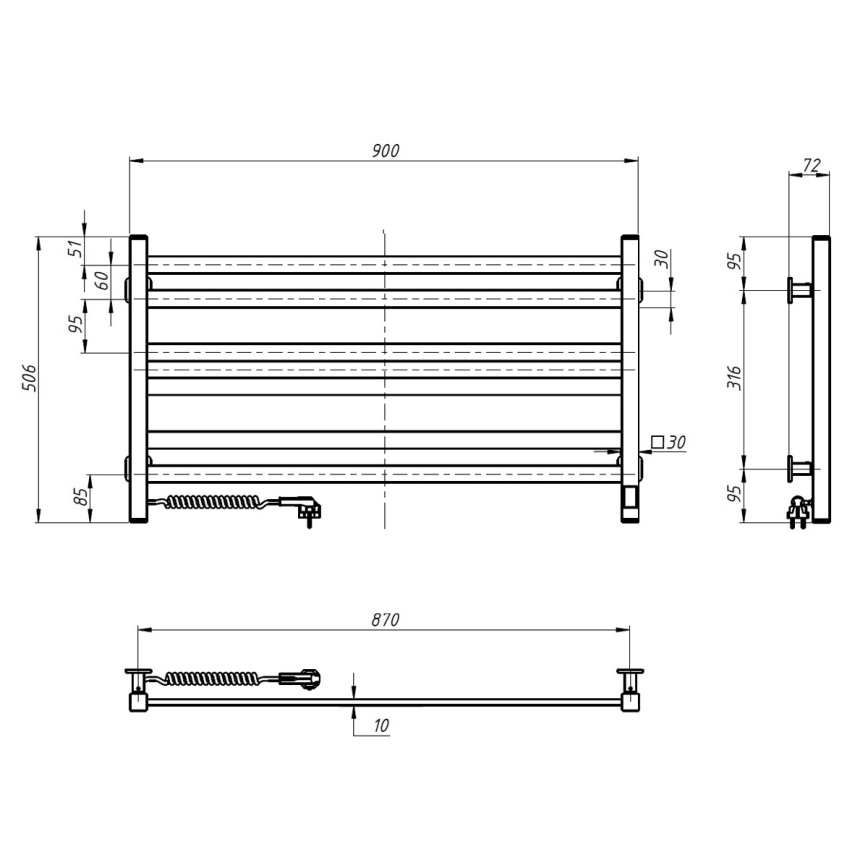 Elektrický sušák na ručníky s termostatem AVANGARD 181W 50x90 cm  bílá levá