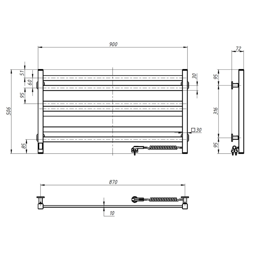 Elektrický sušák na ručníky s termostatem AVANGARD 181W 50x90 cm  černá pravá