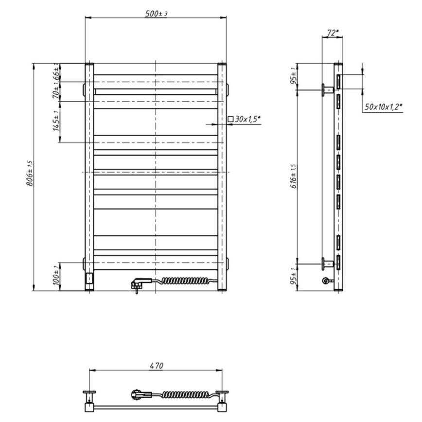Elektrický sušák na ručníky s termostatem LARGO 168W 80x50 cm  černá pravá