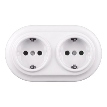 Elhard - Dvojitá keramická retro zásuvka domovní s rámečkem SCHUKO 230V bílá