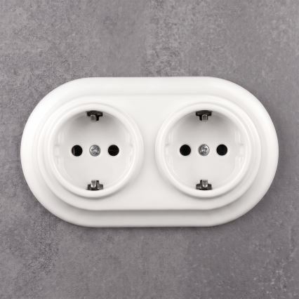 Elhard - Dvojitá keramická retro zásuvka domovní s rámečkem SCHUKO 230V bílá