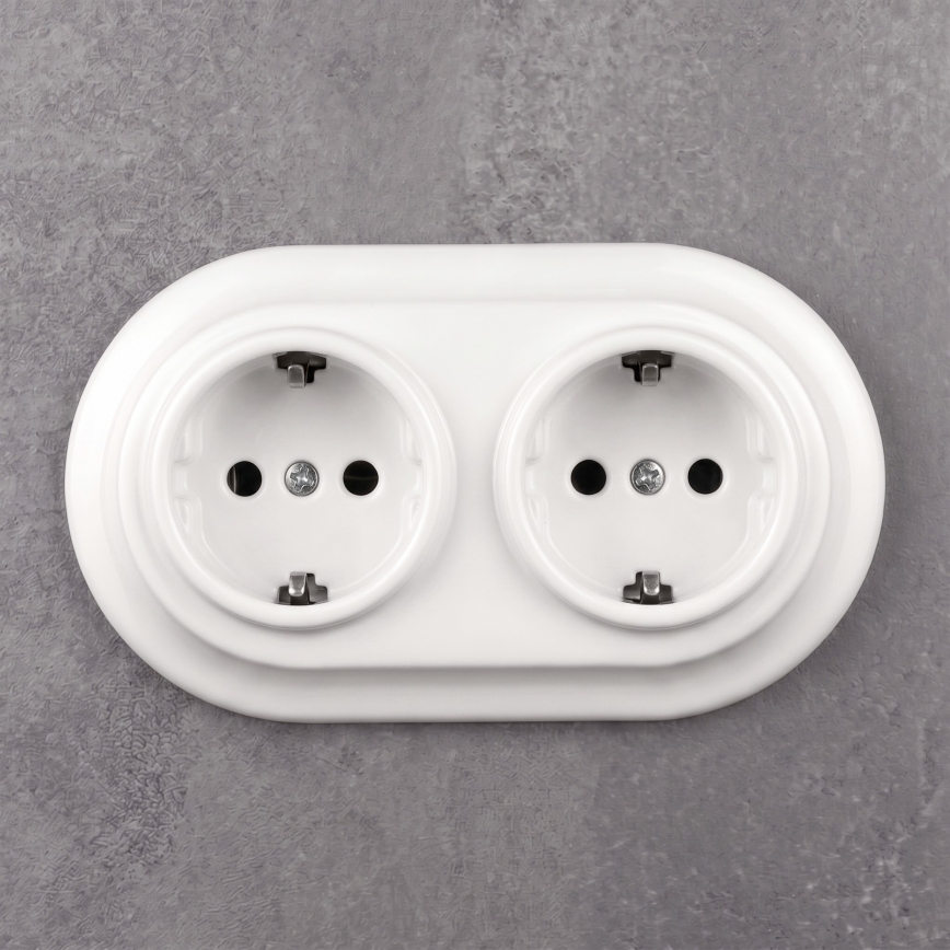 Elhard - Dvojitá keramická retro zásuvka domovní s rámečkem SCHUKO 230V bílá