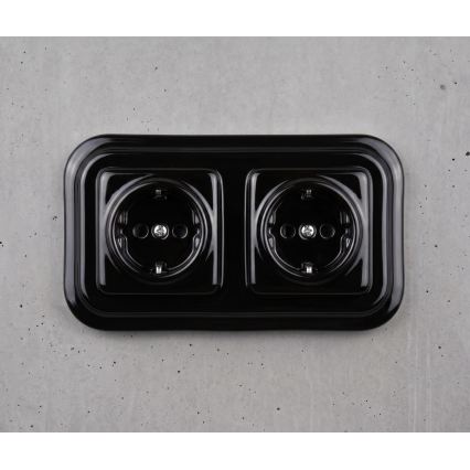 Elhard - Dvojitá keramická retro zásuvka domovní s rámečkem SCHUKO 230V černá
