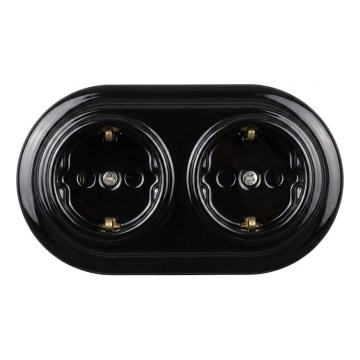 Elhard - Dvojitá keramická retro zásuvka domovní s rámečkem SCHUKO 230V černá