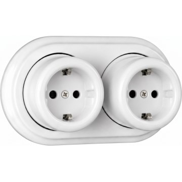 Elhard - Dvojitá nástěnná keramická retro zásuvka s rámečkem SCHUKO 230V bílá
