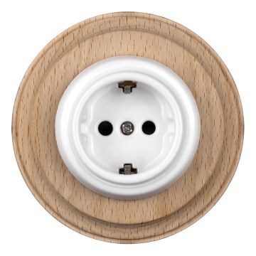 Elhard - Keramická retro zásuvka domovní s rámečkem SCHUKO 230V bílá/světlé dřevo