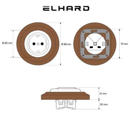 Elhard - Keramická retro zásuvka domovní s rámečkem SCHUKO 230V bílá/tmavé dřevo