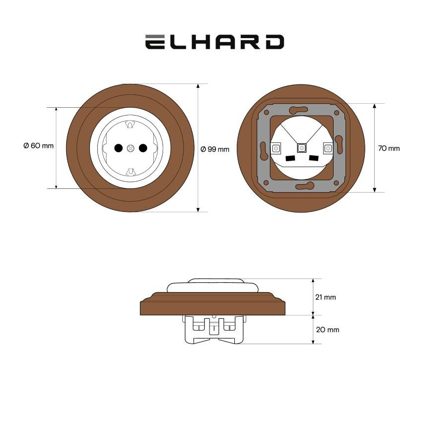 Elhard - Keramická retro zásuvka domovní s rámečkem SCHUKO 230V černá/tmavé dřevo