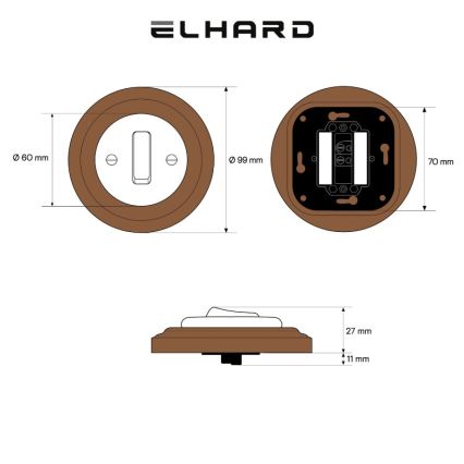 Elhard - Keramický retro jednoduchý vypínač s rámečkem č. 1 bílá/tmavé dřevo