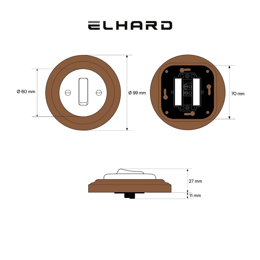 Elhard - Keramický retro jednoduchý vypínač s rámečkem č. 1 černá/tmavé dřevo