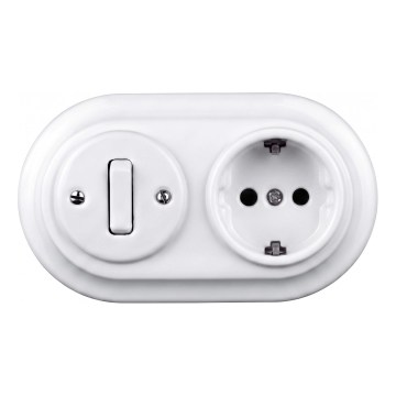 Elhard - Keramický retro vypínač č. 1 a zásuvka 230V s rámečkem SCHUKO bílá