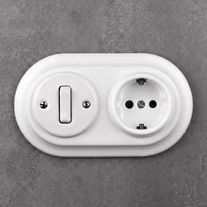 Elhard - Keramický retro vypínač č. 1 a zásuvka 230V s rámečkem SCHUKO bílá