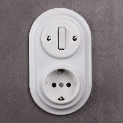 Elhard - Keramický retro vypínač č. 1 a zásuvka 230V s rámečkem SCHUKO bílá