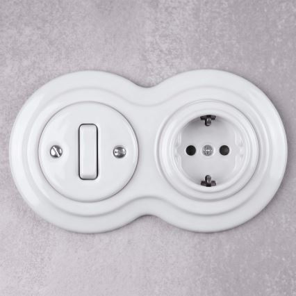 Elhard - Keramický retro vypínač č. 1 a zásuvka 230V s rámečkem SCHUKO bílá