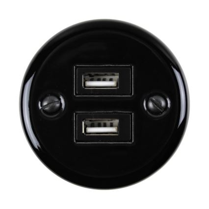 Elhard - Nástěnná keramická retro zásuvka 2xUSB-A černá