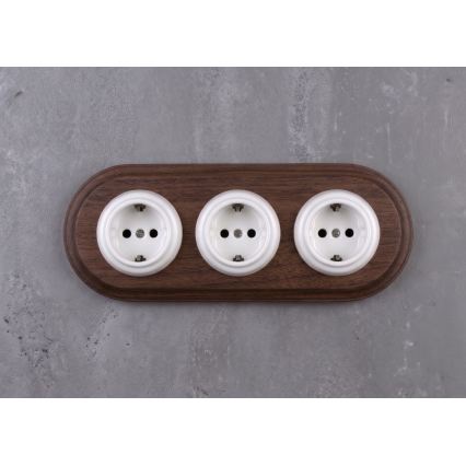 Elhard - Trojitá keramická retro zásuvka domovní s rámečkem SCHUKO 230V bílá/tmavé dřevo