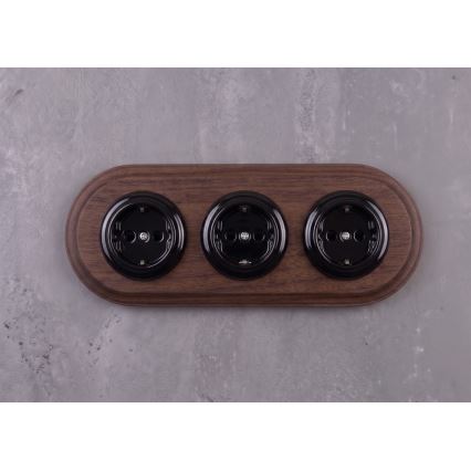 Elhard - Trojitá keramická retro zásuvka domovní s rámečkem SCHUKO 230V černá/tmavé dřevo