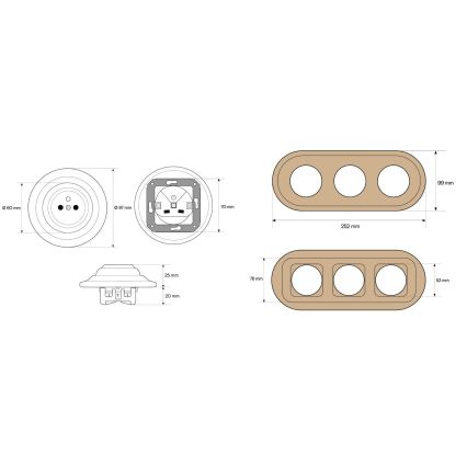 Elhard - Trojitá keramická retro zásuvka domovní s rámečkem 230V bílá/světlé dřevo