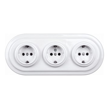 Elhard - Trojitá keramická retro zásuvka domovní s rámečkem SCHUKO 230V bílá