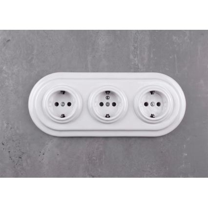 Elhard - Trojitá keramická retro zásuvka domovní s rámečkem SCHUKO 230V bílá