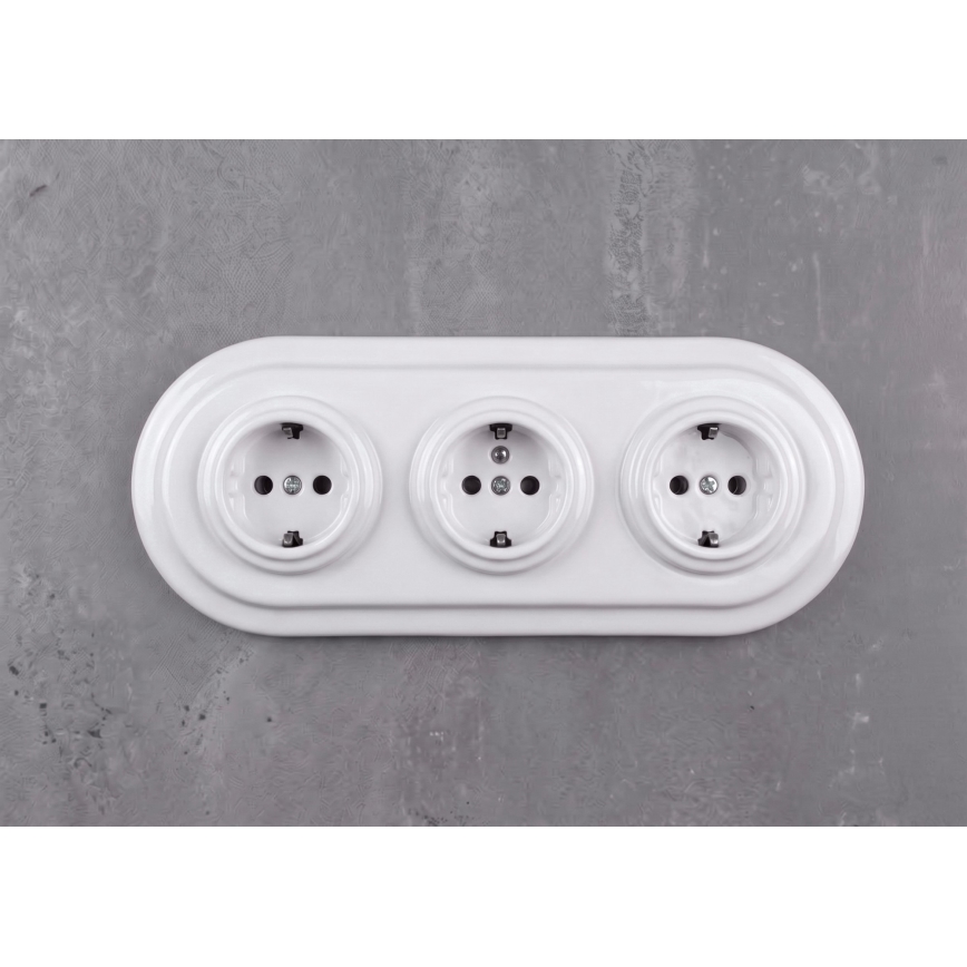 Elhard - Trojitá keramická retro zásuvka domovní s rámečkem SCHUKO 230V bílá
