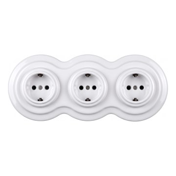 Elhard - Trojitá keramická retro zásuvka domovní s rámečkem SCHUKO 230V bílá