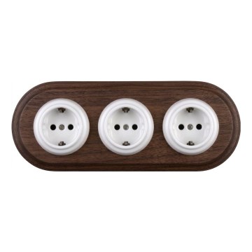 Elhard - Trojitá keramická retro zásuvka domovní s rámečkem SCHUKO 230V bílá/tmavé dřevo
