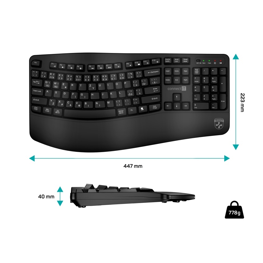 Ergonomická bezdrátová klávesnice s CZ/SK lokalizací 1xAA černá