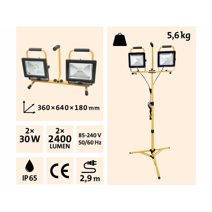 Extol - LED Reflektor se stojanem 2xLED/30W/230V IP65