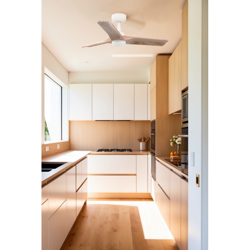 FARO 33805WT-1TW - LED Stmívatelný stropní ventilátor HEYWOOD S LED/10W/230V 2700/4000/6000K dřevo/bílá pr. 90 cm Wi-Fi Tuya + dálkové ovládání