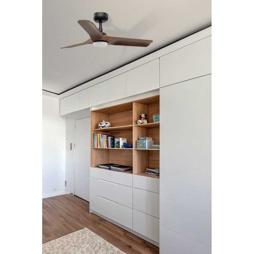 FARO 33806WT-1TW - LED Stmívatelný stropní ventilátor HEYWOOD S LED/10W/230V 2700/4000/6000K dřevo/černá pr. 90 cm Wi-Fi Tuya + dálkové ovládání